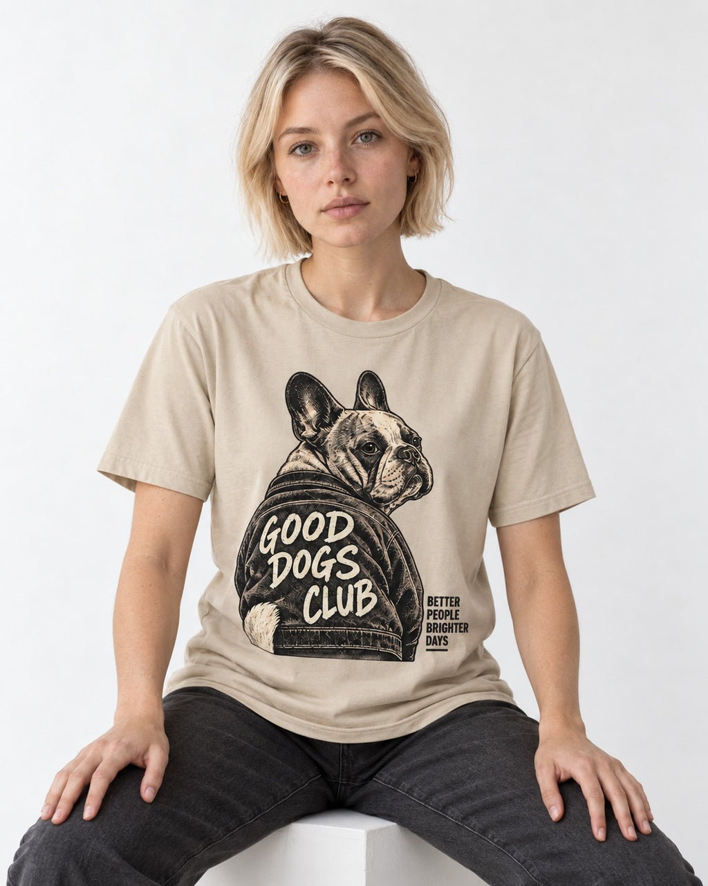 Good Frenchie Club T-Shirt in Sand, worn by a seated model