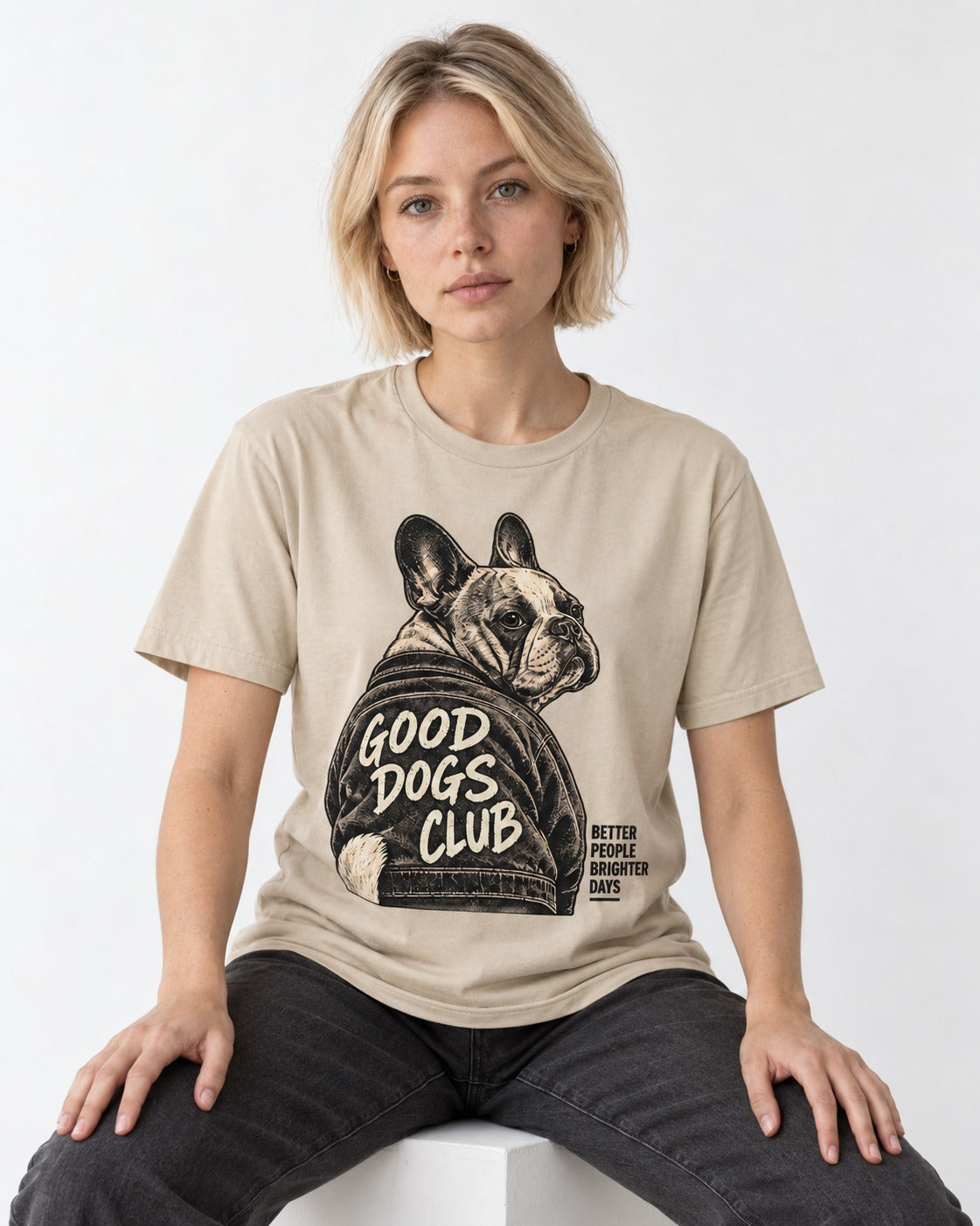Good Frenchie Club T-Shirt in Sand, worn by a seated model