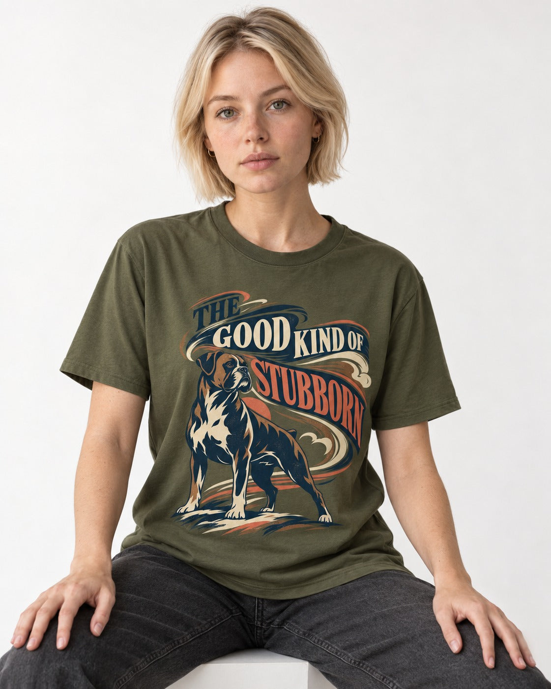 Boxer The Good Kind of Stubborn T-Shirt in Heather Military Green, worn by a seated model