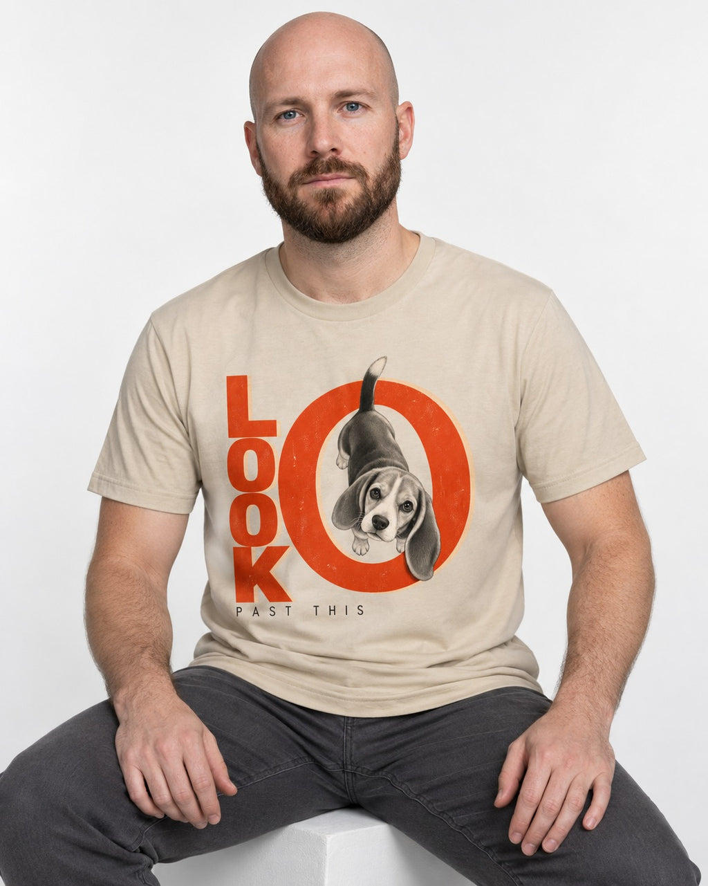 Look Past This Beagle T-Shirt in Sand, worn by a seated model