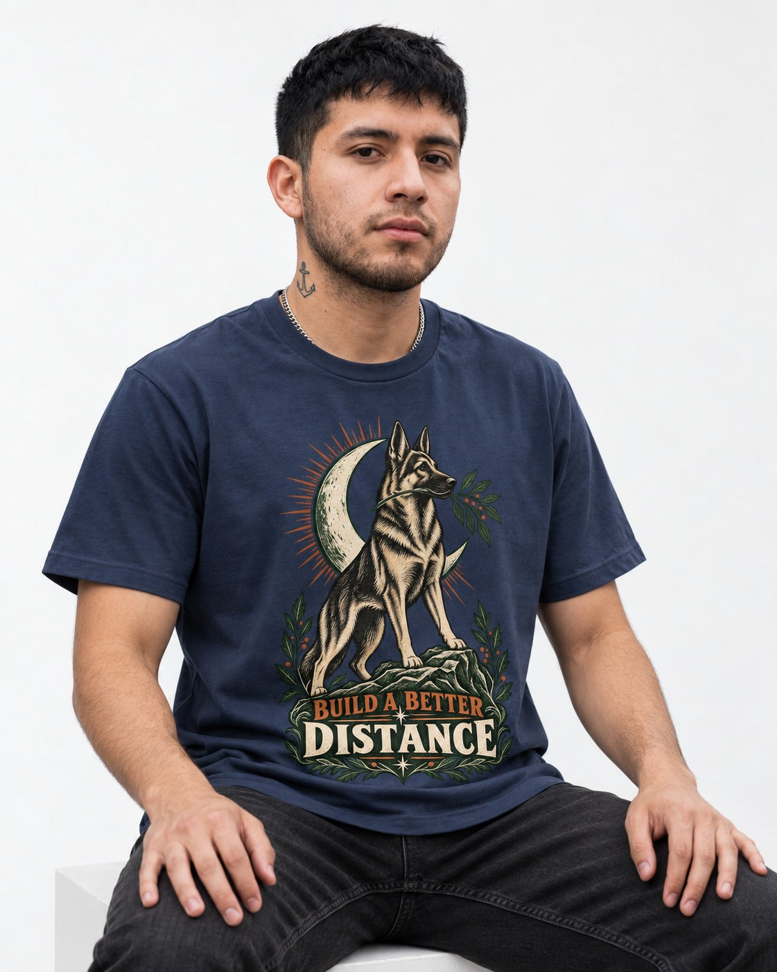 Build A Better Distance Moon Woodcut German Shepherd Dog Graphic T-Shirt in Navy, worn by a seated model