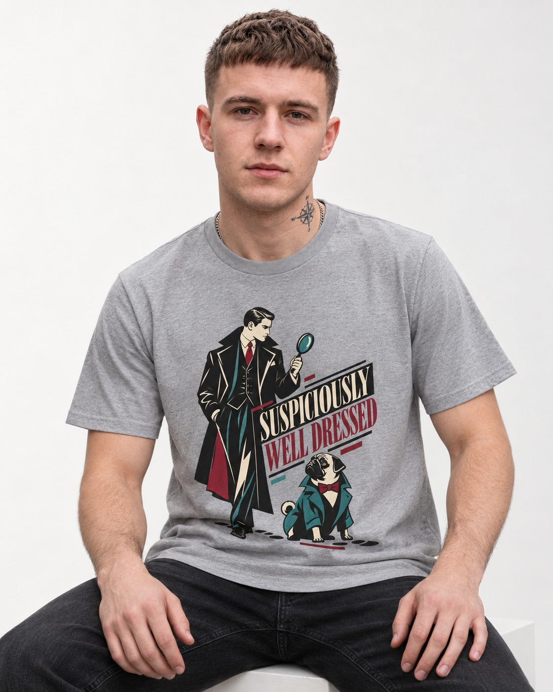 Suspiciously Well Dressed Pug T-Shirt in Sport Grey, worn by a seated model