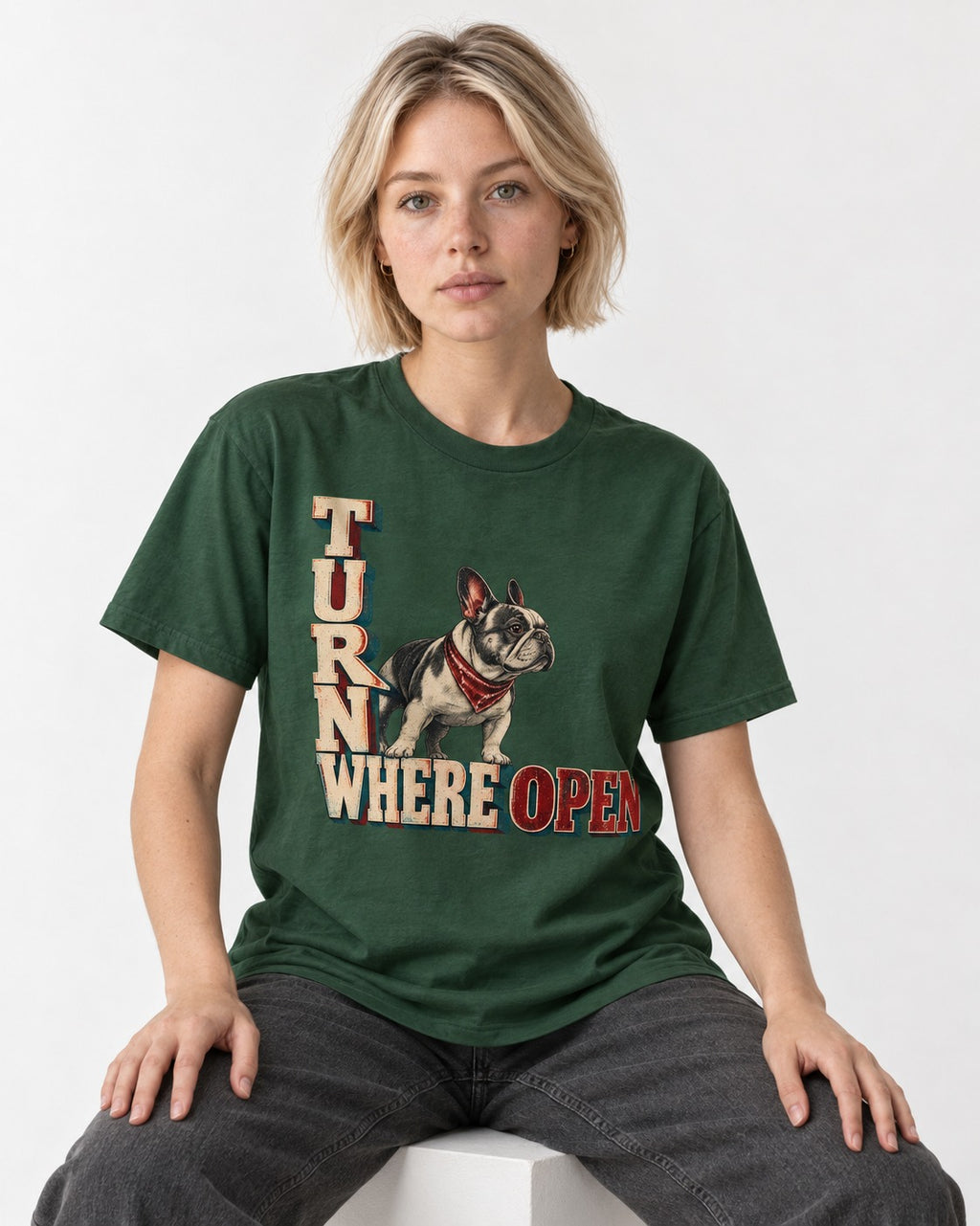Turn Where Open Frenchie T-Shirt in Forest Green, worn by a seated model