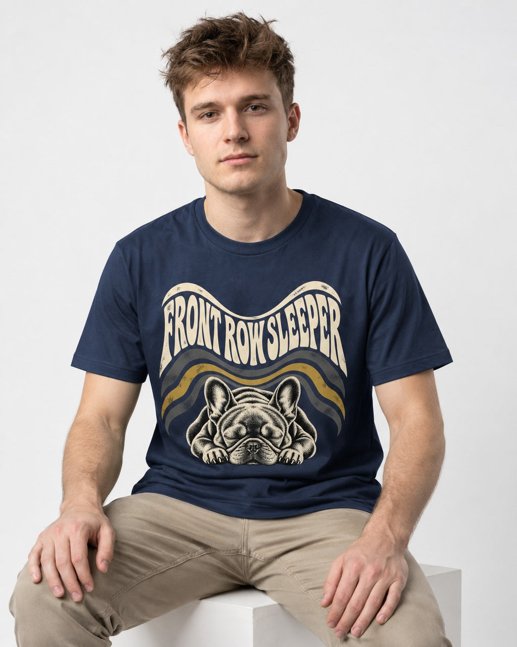 Frenchie Front Row Sleeper Retro Graphic T-Shirt in Navy, worn by a seated model