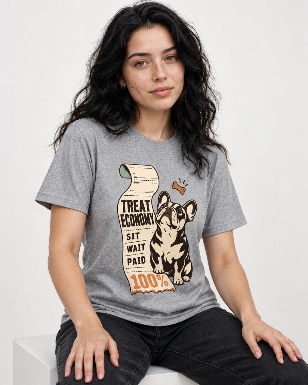 Sit Wait Paid Frenchie T-Shirt in Sport Grey, worn by a seated model