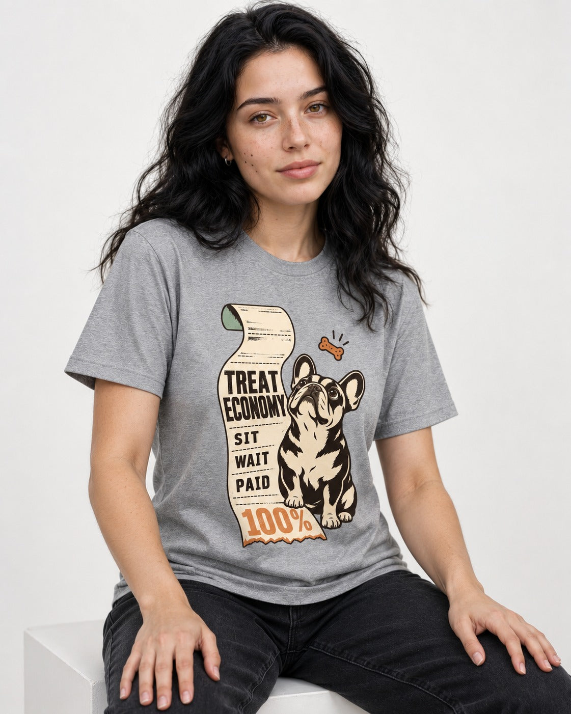 Sit Wait Paid Frenchie T-Shirt in Sport Grey, worn by a seated model