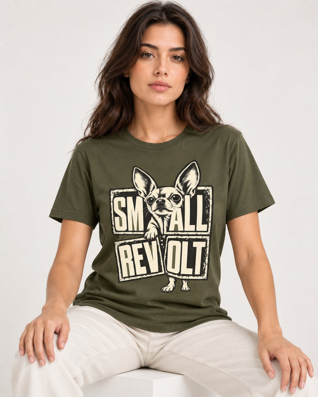 Chihuahua Small Revolt Broken Grid Graphic T-Shirt in Heather Military Green, worn by a seated model