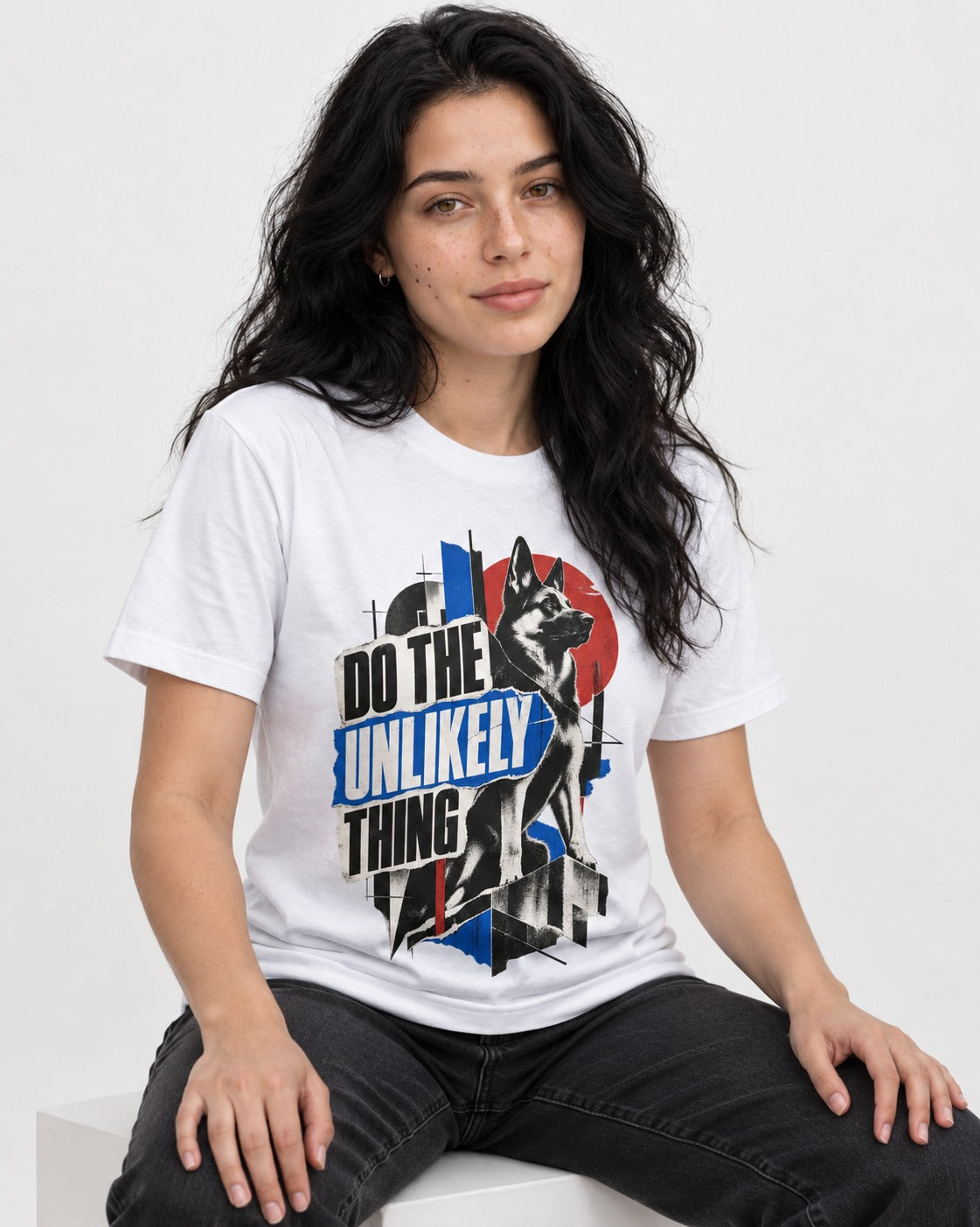 Do The Unlikely Thing Torn Poster German Shepherd Dog Graphic T-Shirt in White, worn by a seated model
