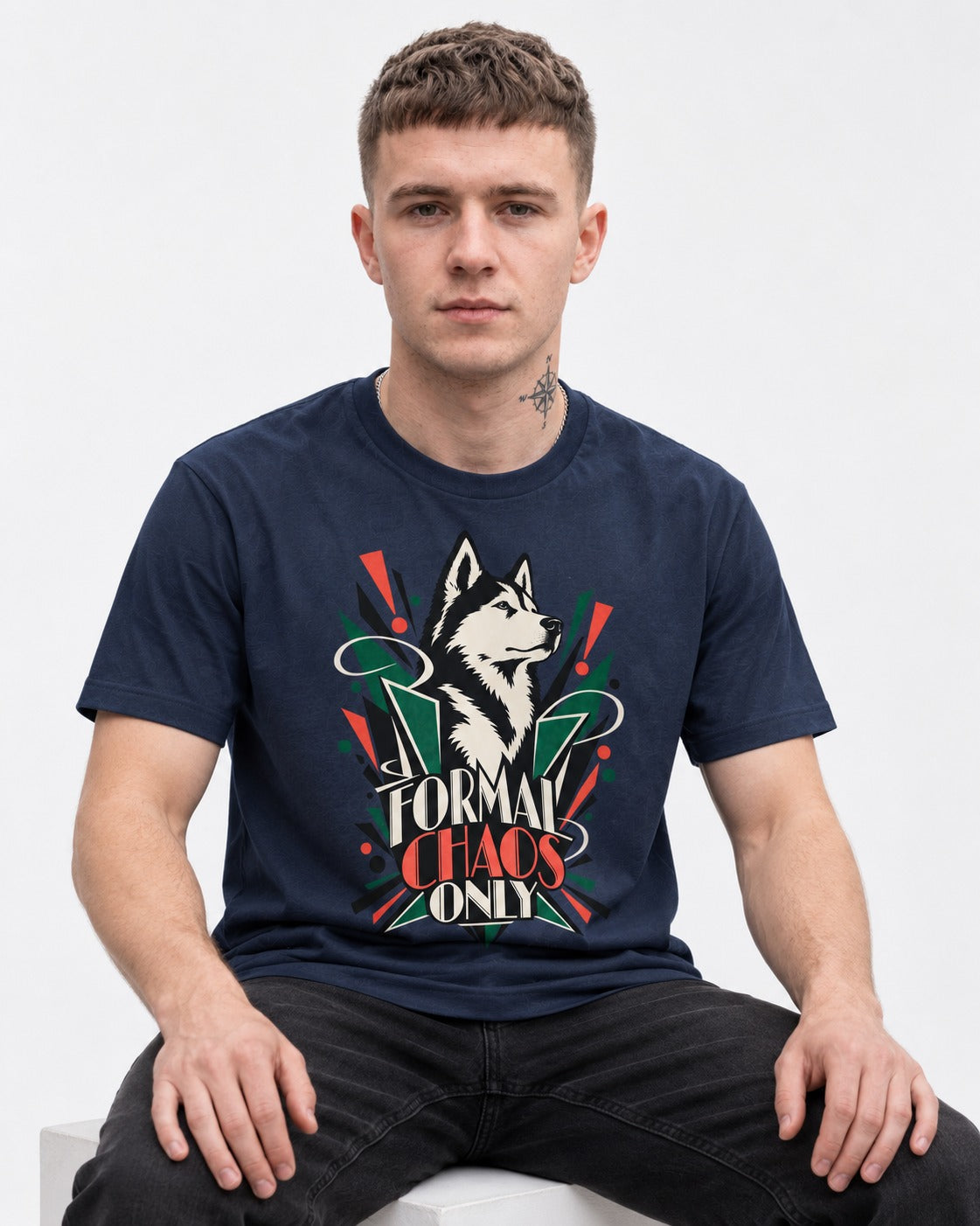 Husky Formal Chaos Only Art Deco Portrait Graphic T-Shirt in Navy, worn by a seated model
