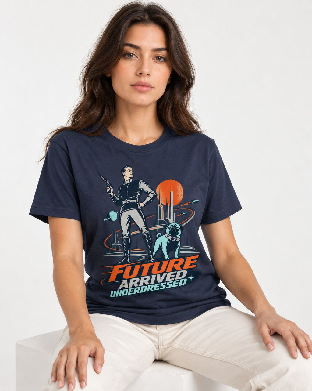 Pug Future Arrived Underdressed Space Hero Graphic T-Shirt in Navy, worn by a seated model