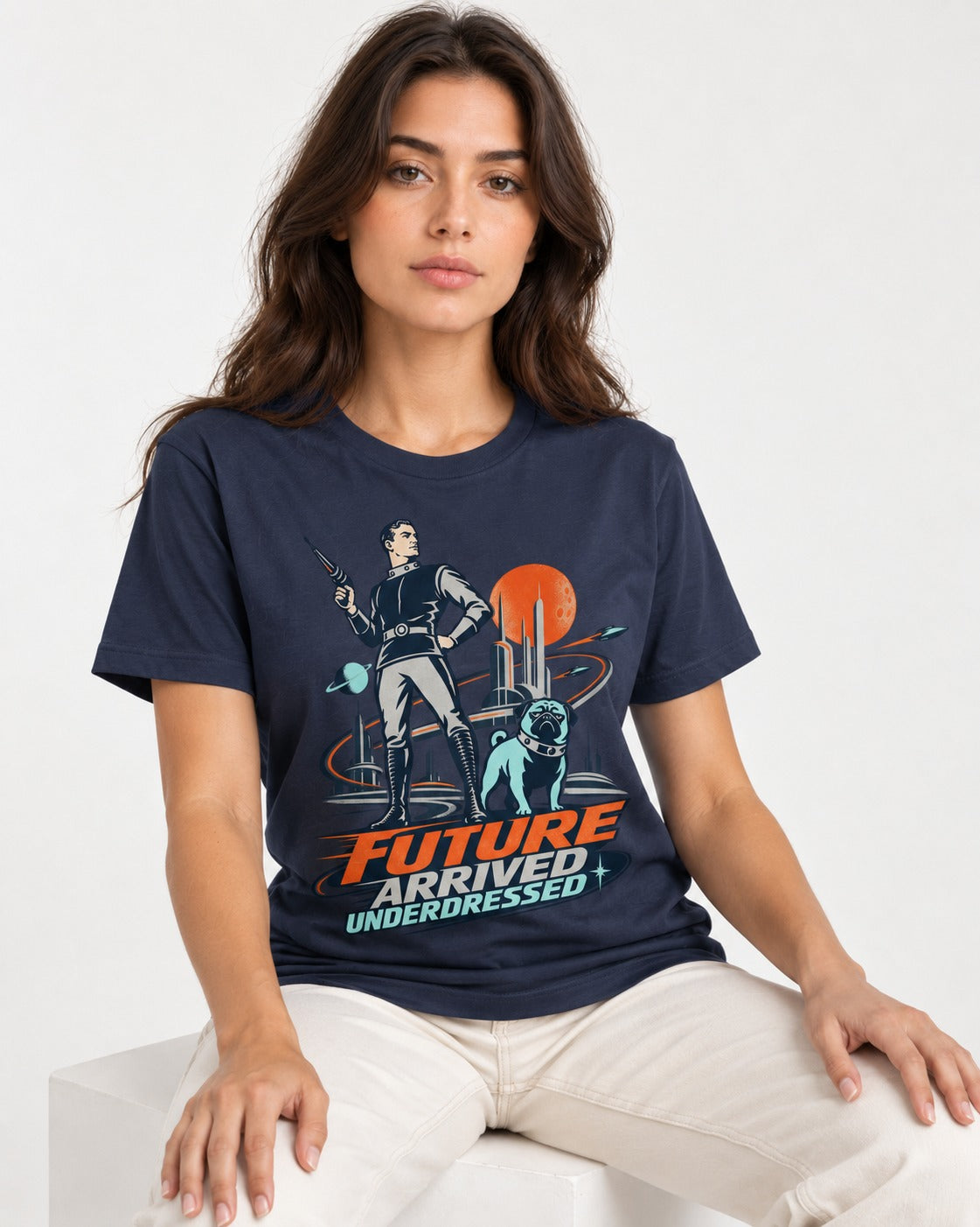 Pug Future Arrived Underdressed Space Hero Graphic T-Shirt in Navy, worn by a seated model