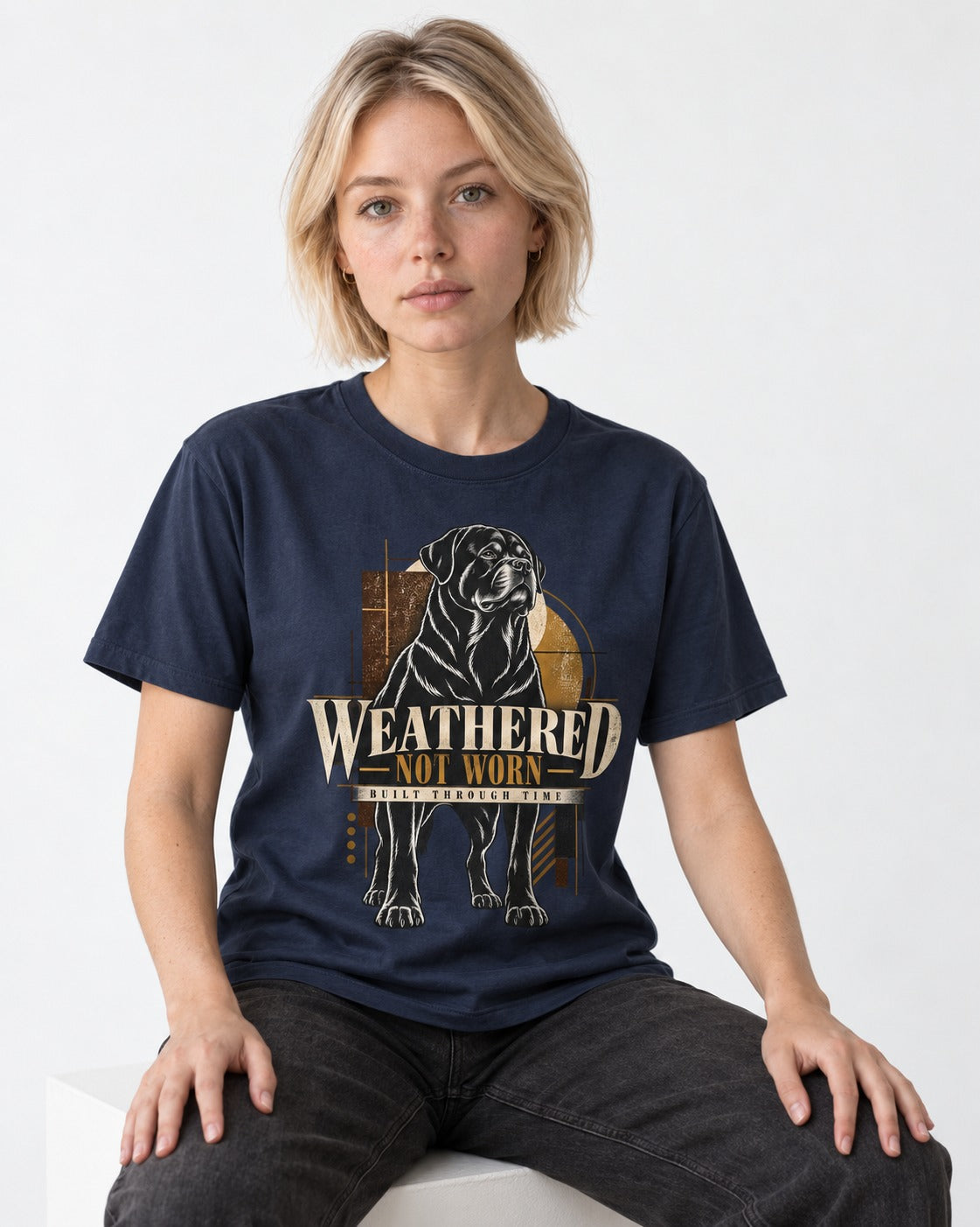 Rottweiler Weathered Not Worn Geometric Graphic T-Shirt in Navy, worn by a seated model