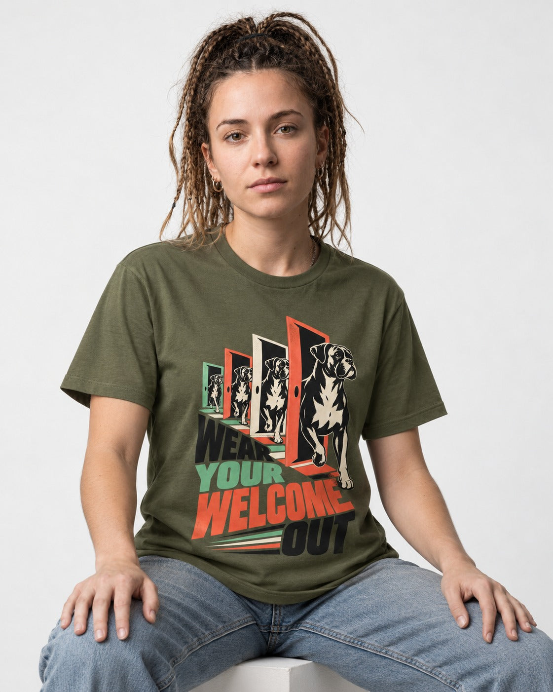 Wear Your Welcome Out Boxer Doorway Progression Graphic T-Shirt in Heather Military Green, worn by a seated model