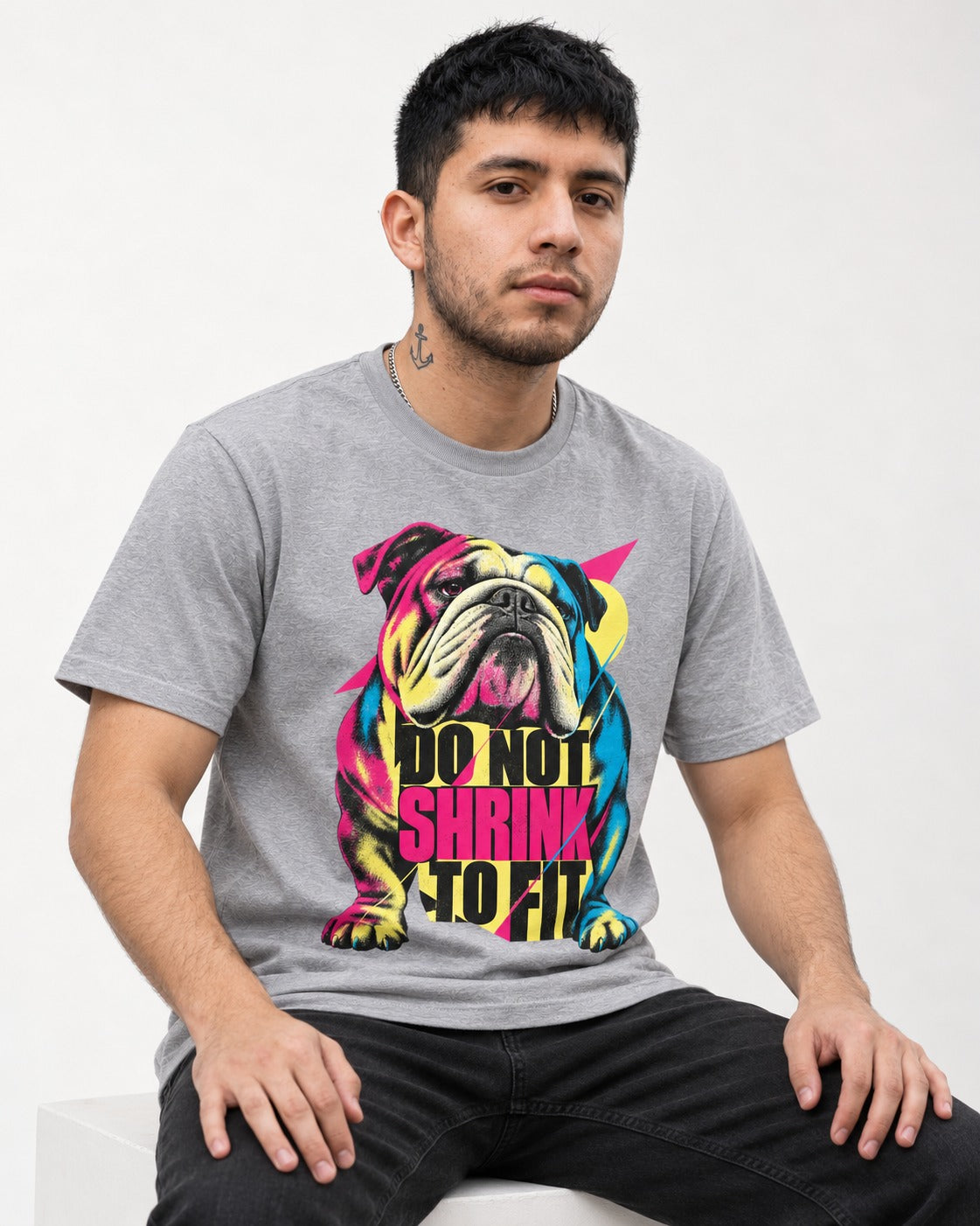 English Bulldog Don't Shrink to Fit T-Shirt in Sport Grey, worn by a seated model