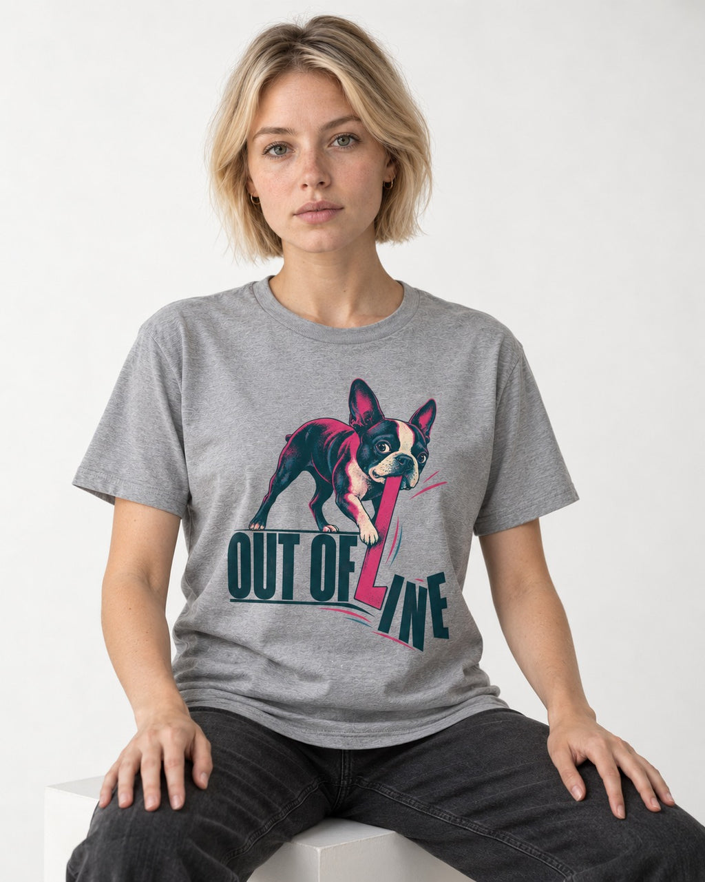 Boston Terrier Out of Line T-Shirt in Sport Grey, worn by a seated model