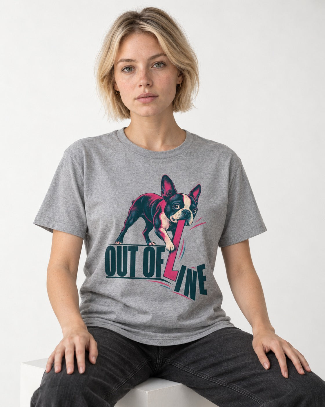 Boston Terrier Out of Line T-Shirt in Sport Grey, worn by a seated model