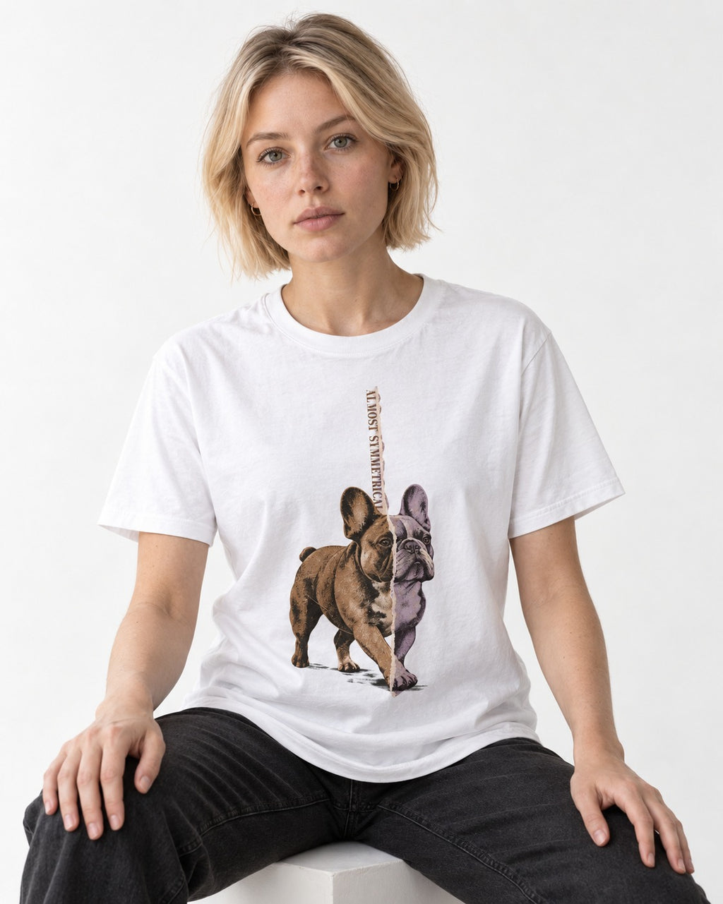 Frenchie Almost Symmetrical Torn Split Graphic T-Shirt in White, worn by a seated model