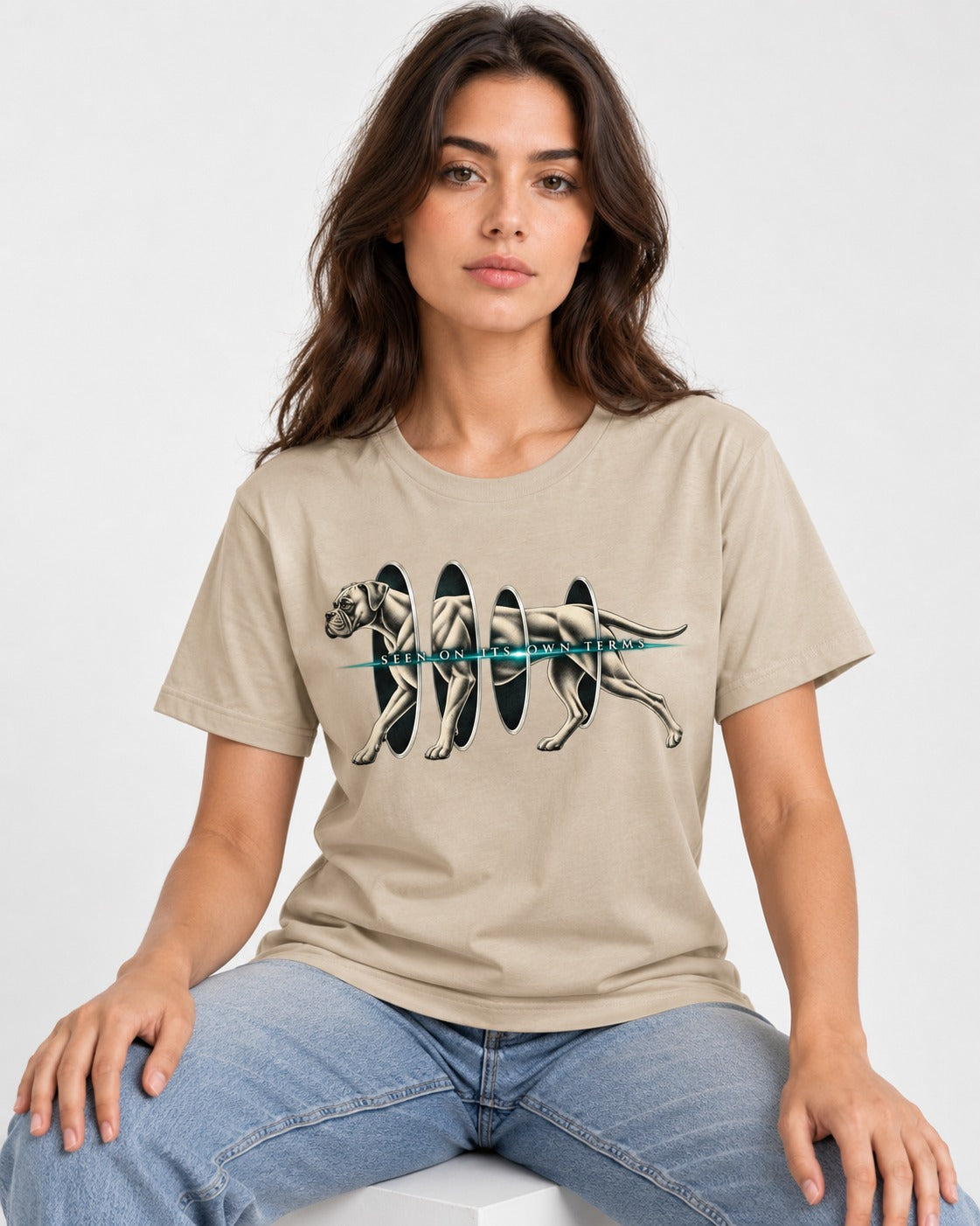 Boxer On Its Own Terms T-Shirt in Sand, worn by a seated model