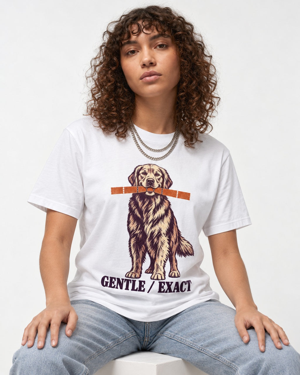 Golden Retriever Gentle Exact Paper Bridge Graphic T-Shirt in White, worn by a seated model