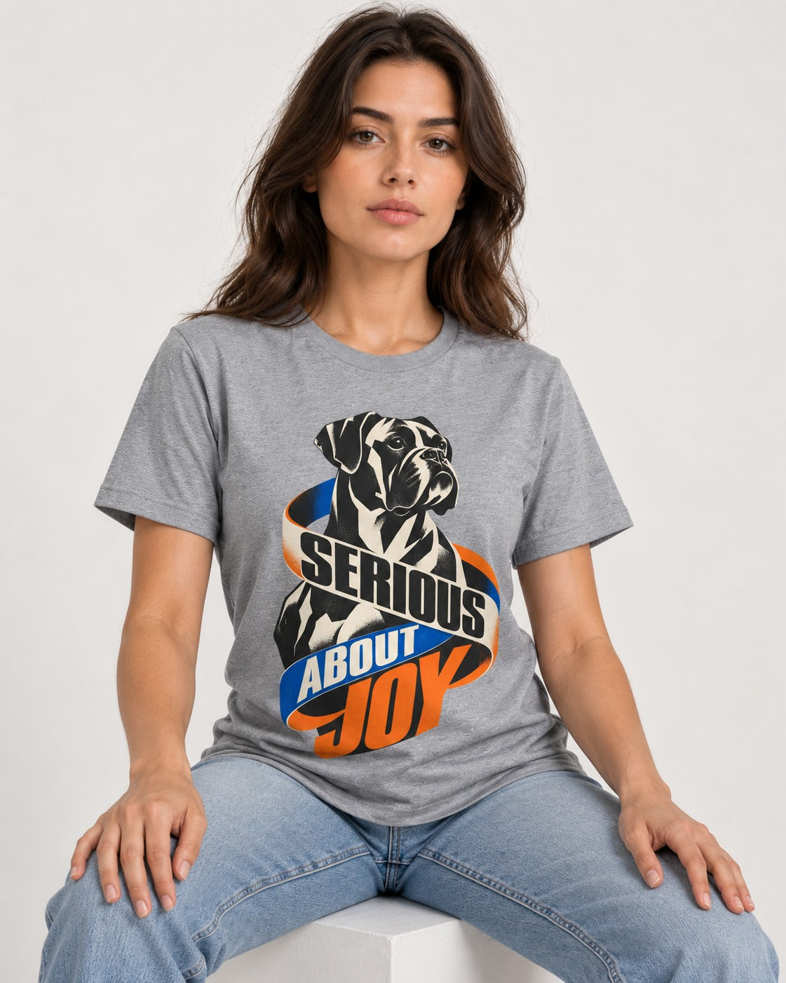 Boxer Serious About Joy T-Shirt in Sport Grey, worn by a seated model