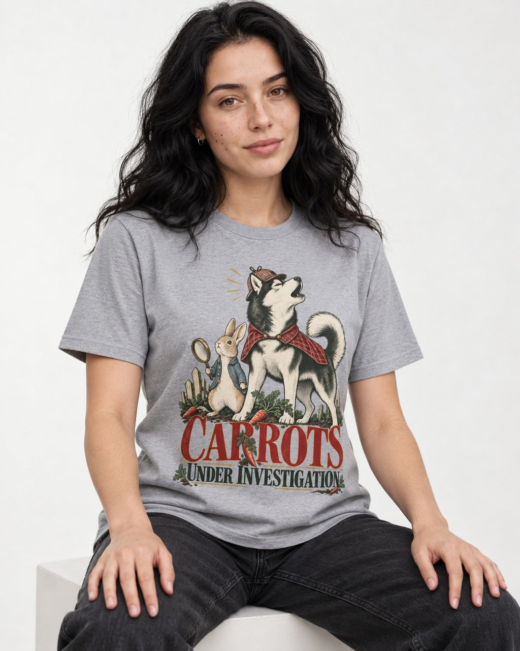 Carrots Under Husky Investigation T-Shirt in Sport Grey, worn by a seated model