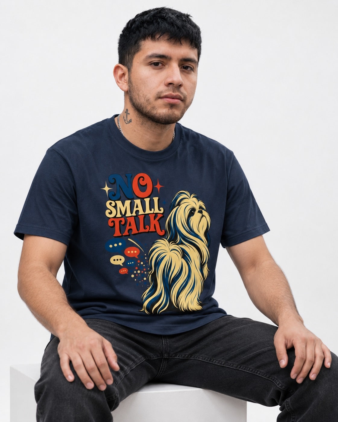 Shih Tzu No Small Talk Speech Bubble Graphic T-Shirt in Navy, worn by a seated model