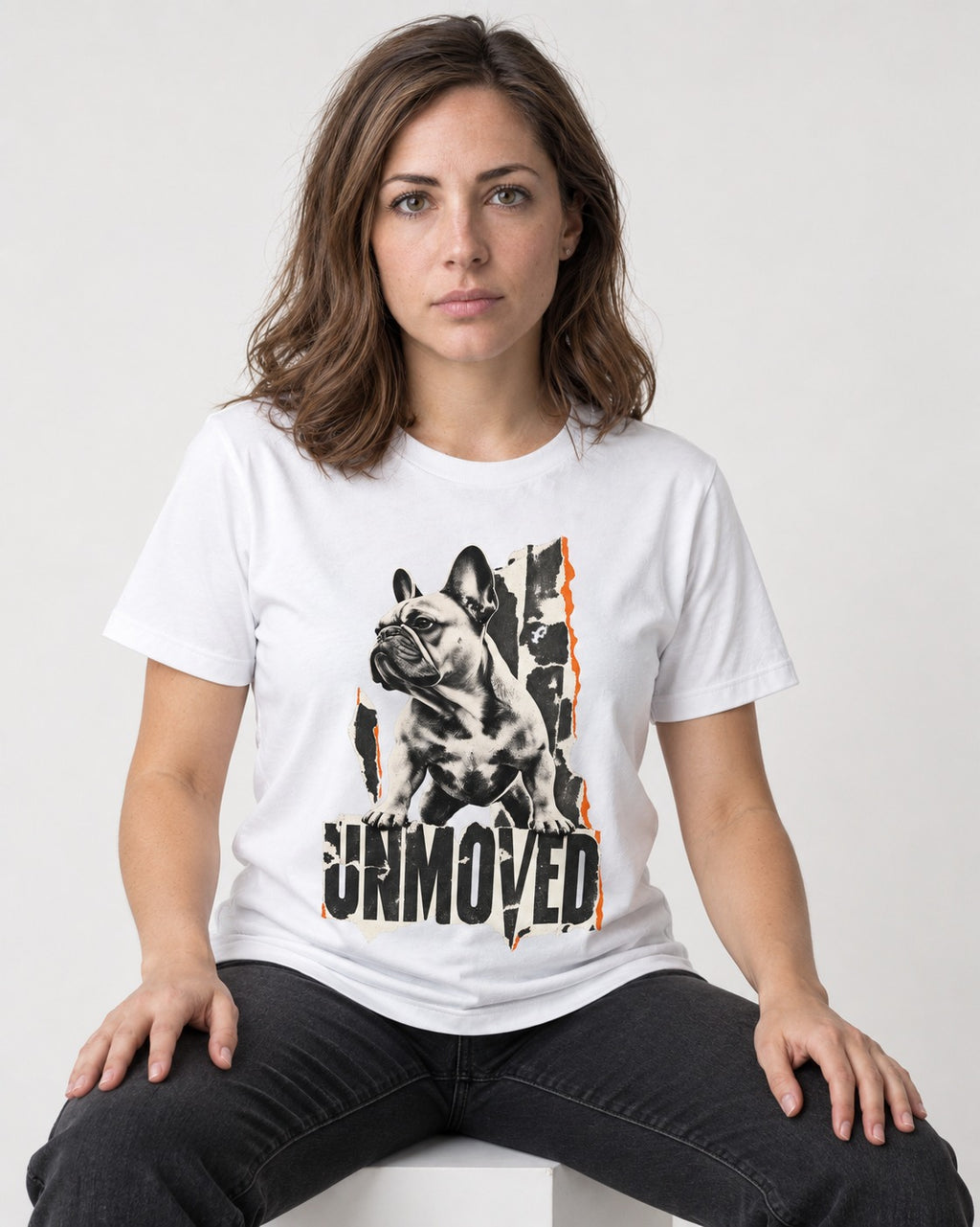 Frenchie Unmoved Torn Poster Graphic T-Shirt in White, worn by a seated model