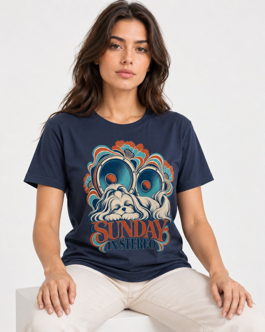 Shih Tzu Sunday in Stereo Retro Speaker Graphic T-Shirt in Navy, worn by a seated model