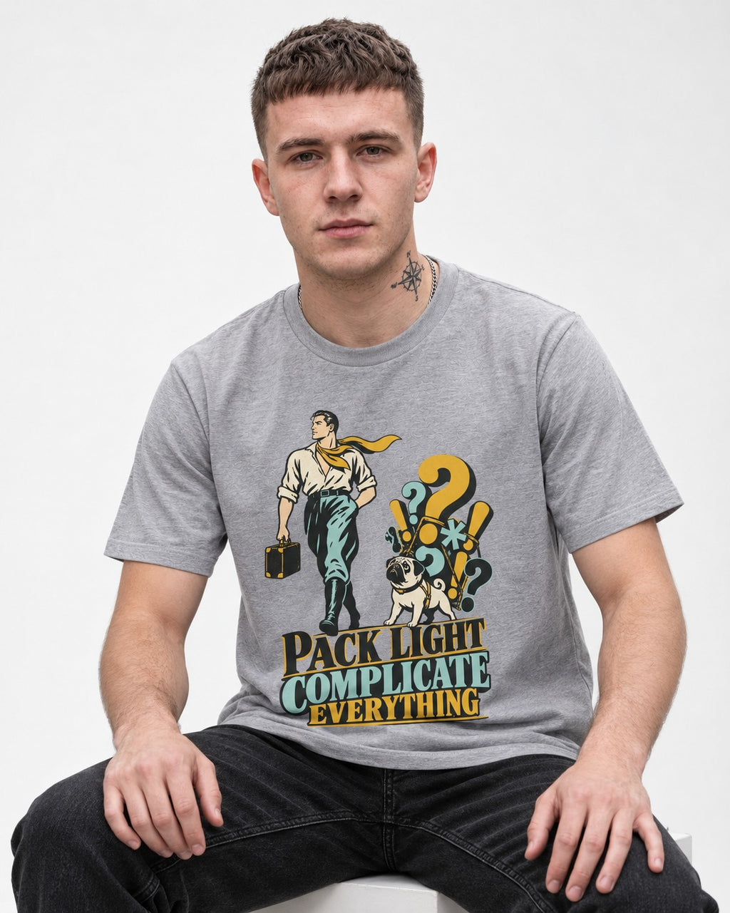 Pug Pack Light Complicate Everything T-Shirt in Sport Grey, worn by a seated model