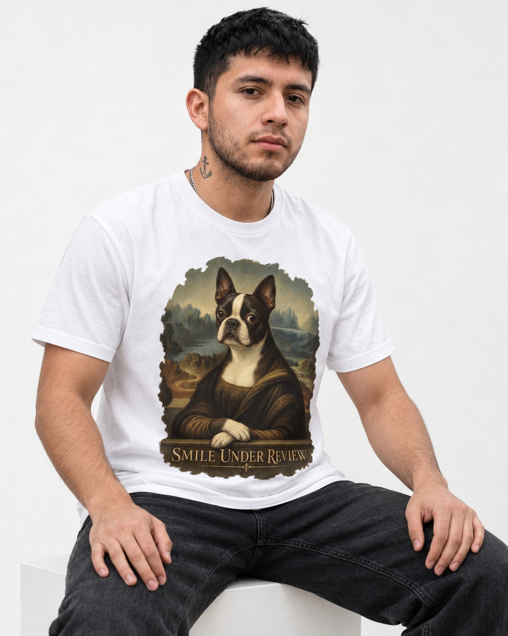 Smile Under Review Boston Terrier Mona Lisa Portrait T-Shirt in White, worn by a seated model