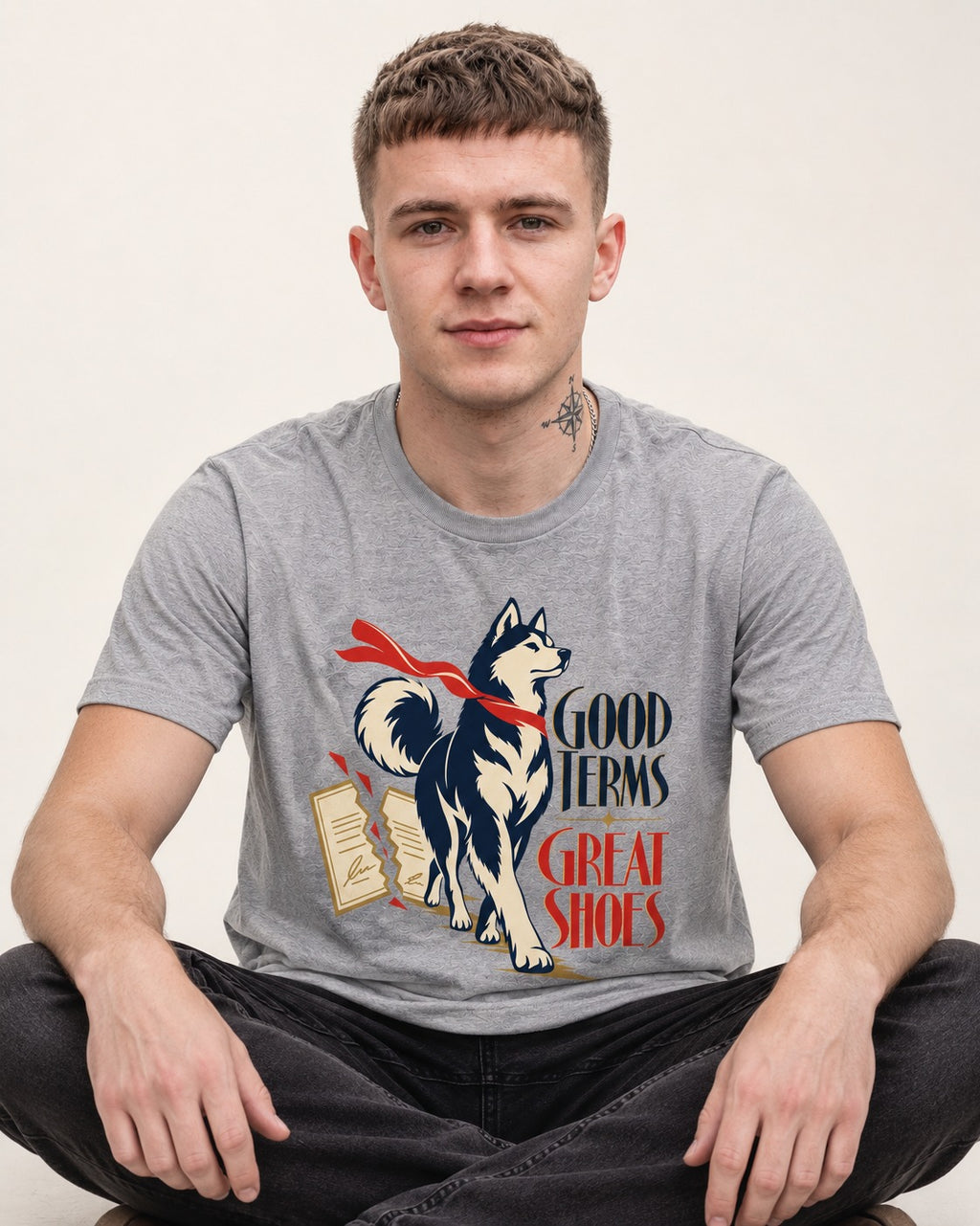 Husky Good Terms Great Shoes T-Shirt in Sport Grey, worn by a seated model