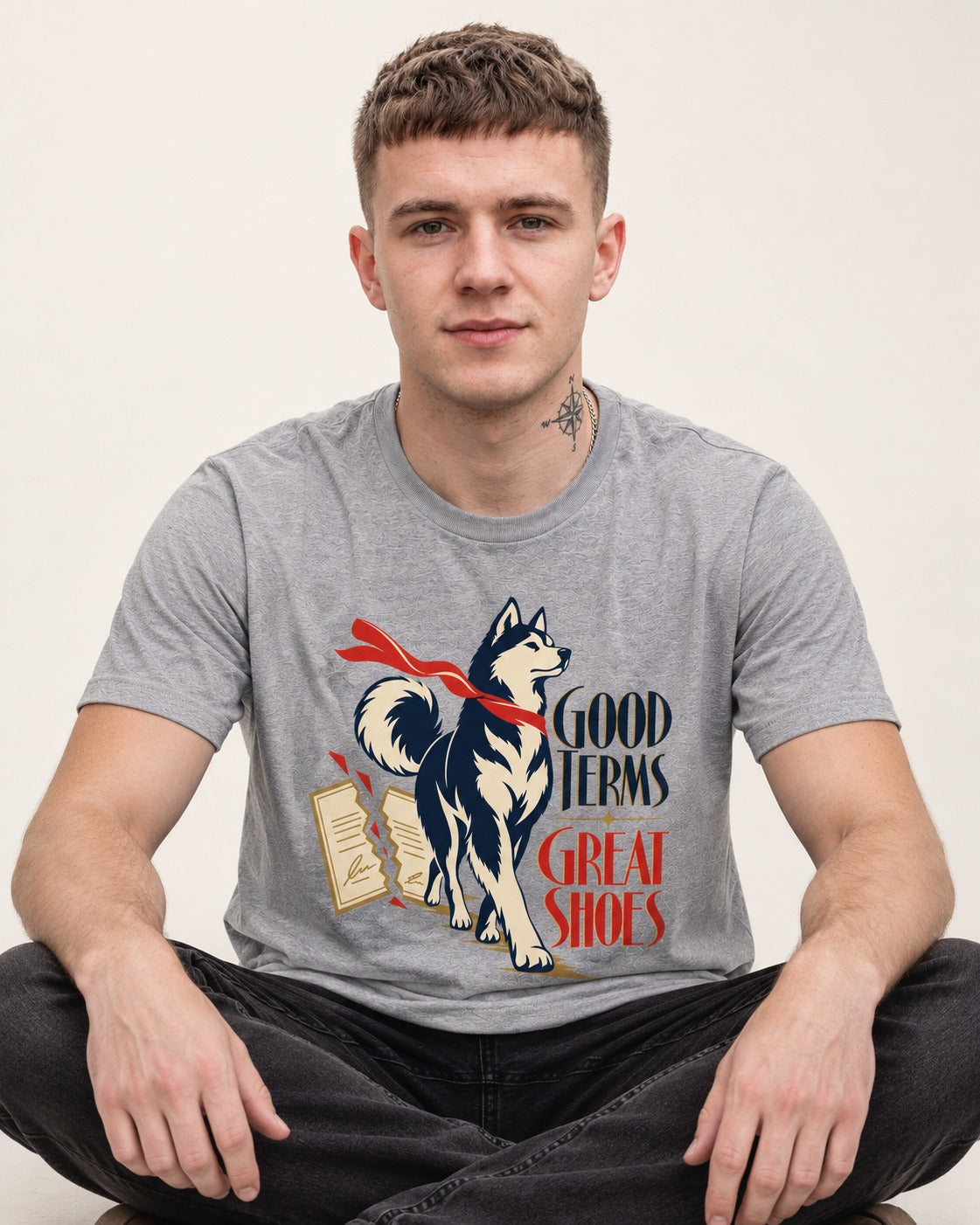 Husky Good Terms Great Shoes T-Shirt in Sport Grey, worn by a seated model