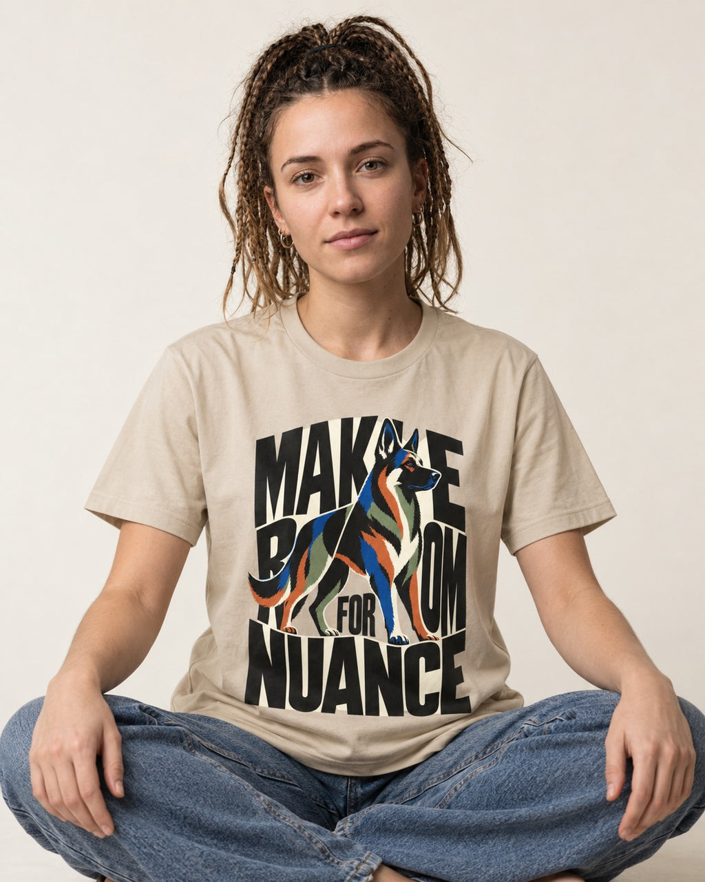 Make Room for Nuance German Shepherd Dog T-Shirt in Sand, worn by a seated model