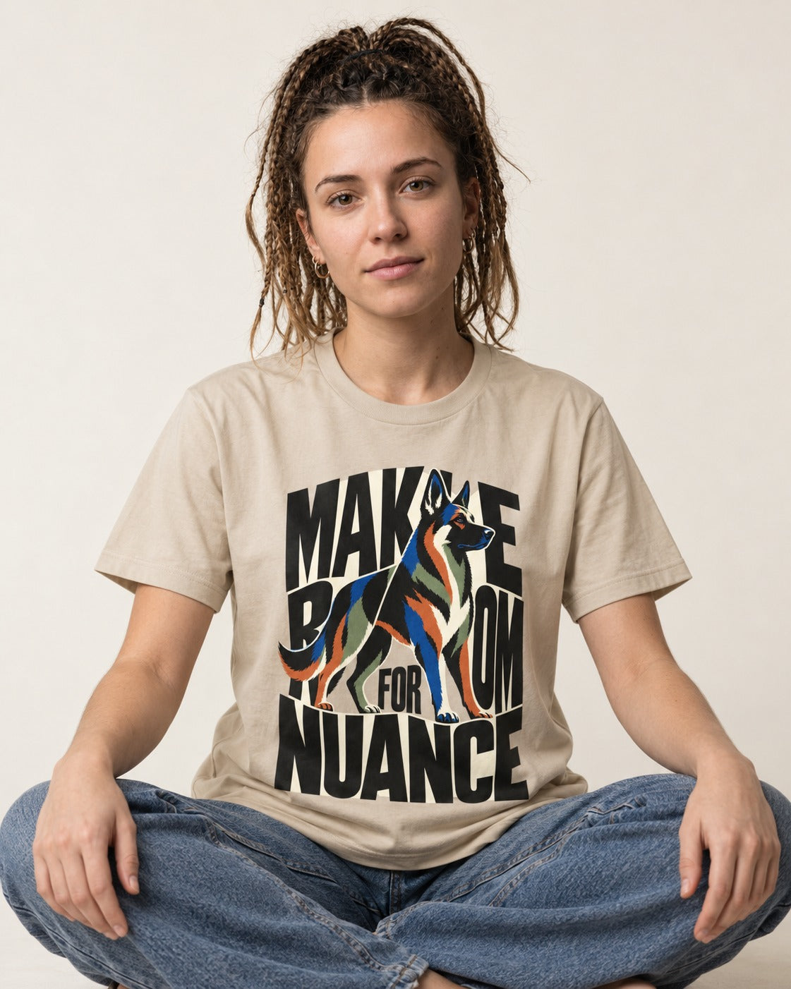 Make Room for Nuance German Shepherd Dog T-Shirt in Sand, worn by a seated model