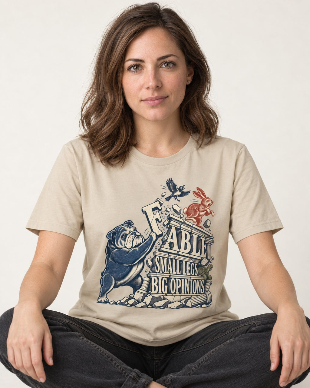 Small Legs Big Opinions English Bulldog T-Shirt in Sand, worn by a seated model