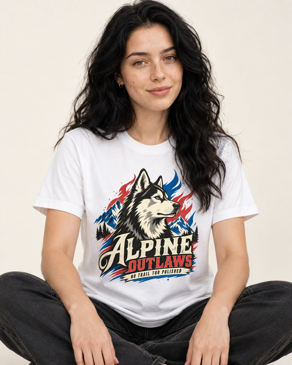 Husky Alpine Outlaws No Trail Too Polished Graphic T-Shirt in White, worn by a seated model