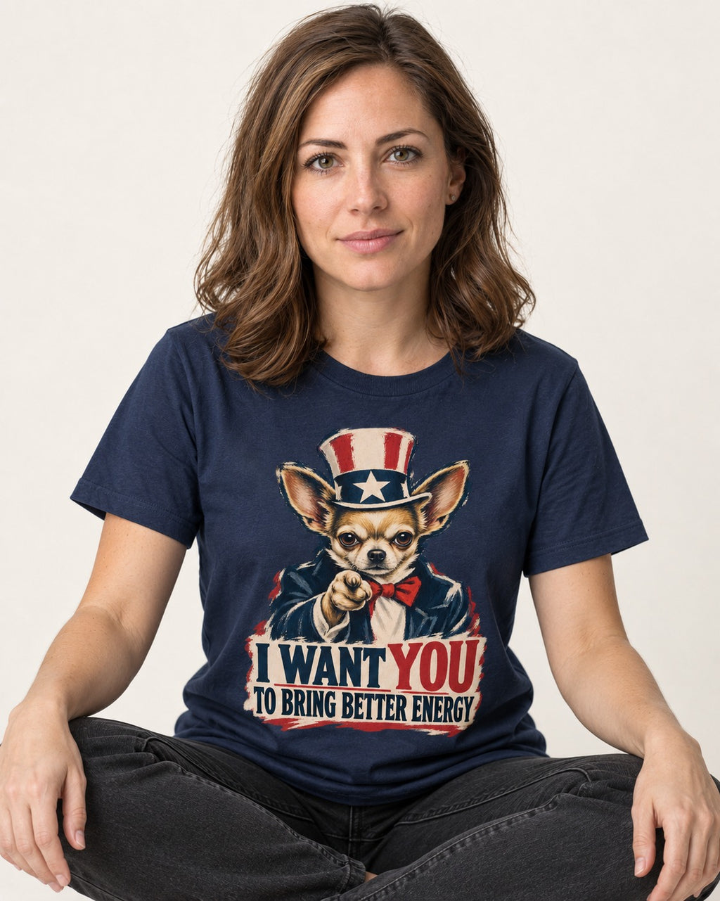 Chihuahua I Want You to Bring Better Energy Uncle Sam Graphic T-Shirt in Navy, worn by a seated model