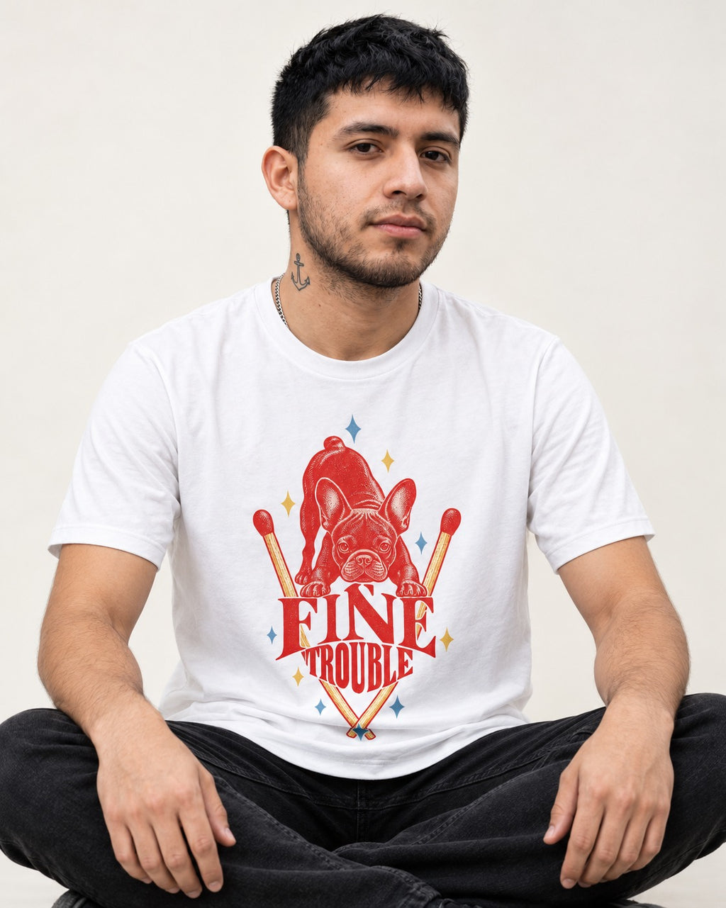 Fine Trouble Boston Terrier Matchstick Graphic T-Shirt in White, worn by a seated model