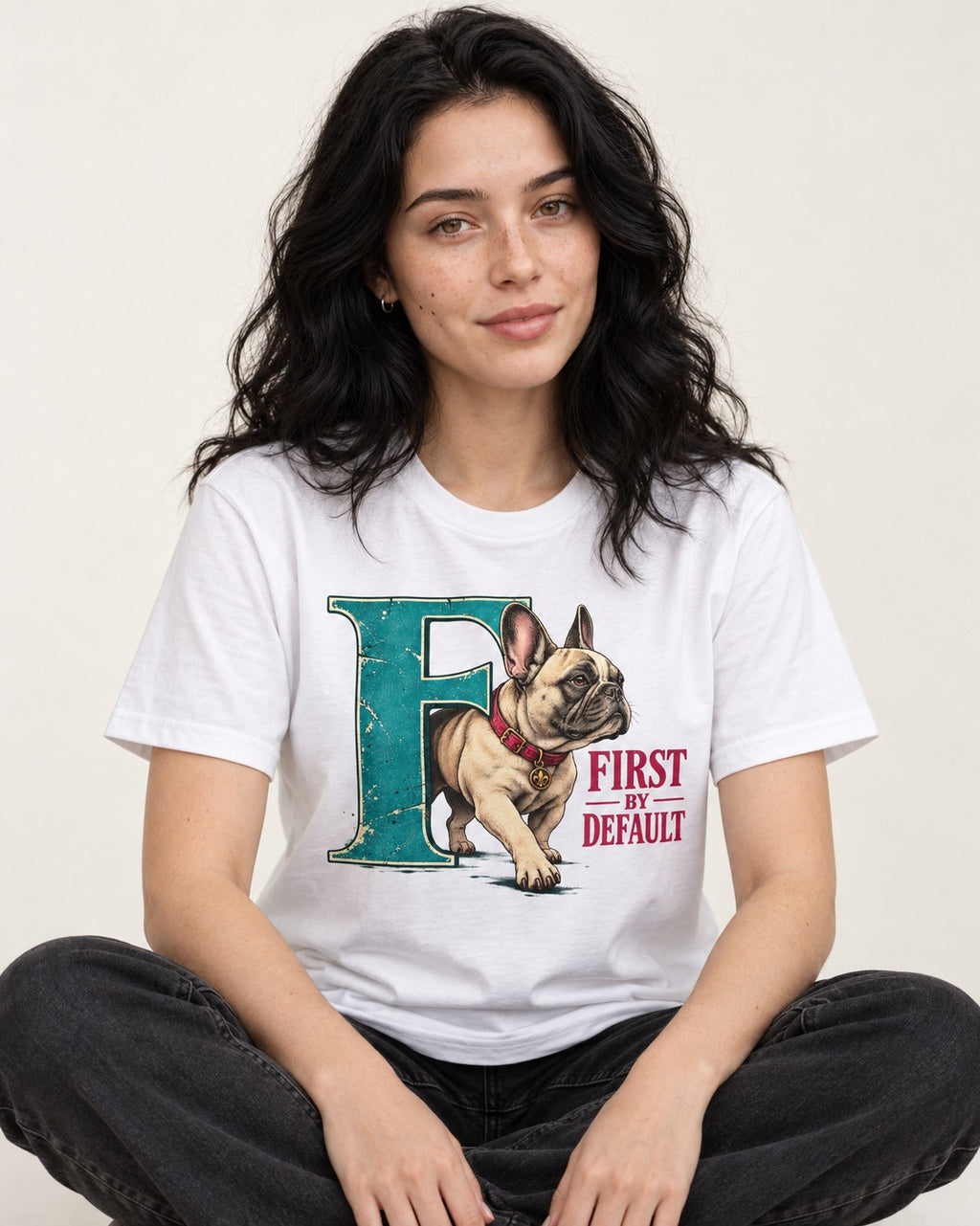 Frenchie First by Default Teal F Graphic T-Shirt in White, worn by a seated model