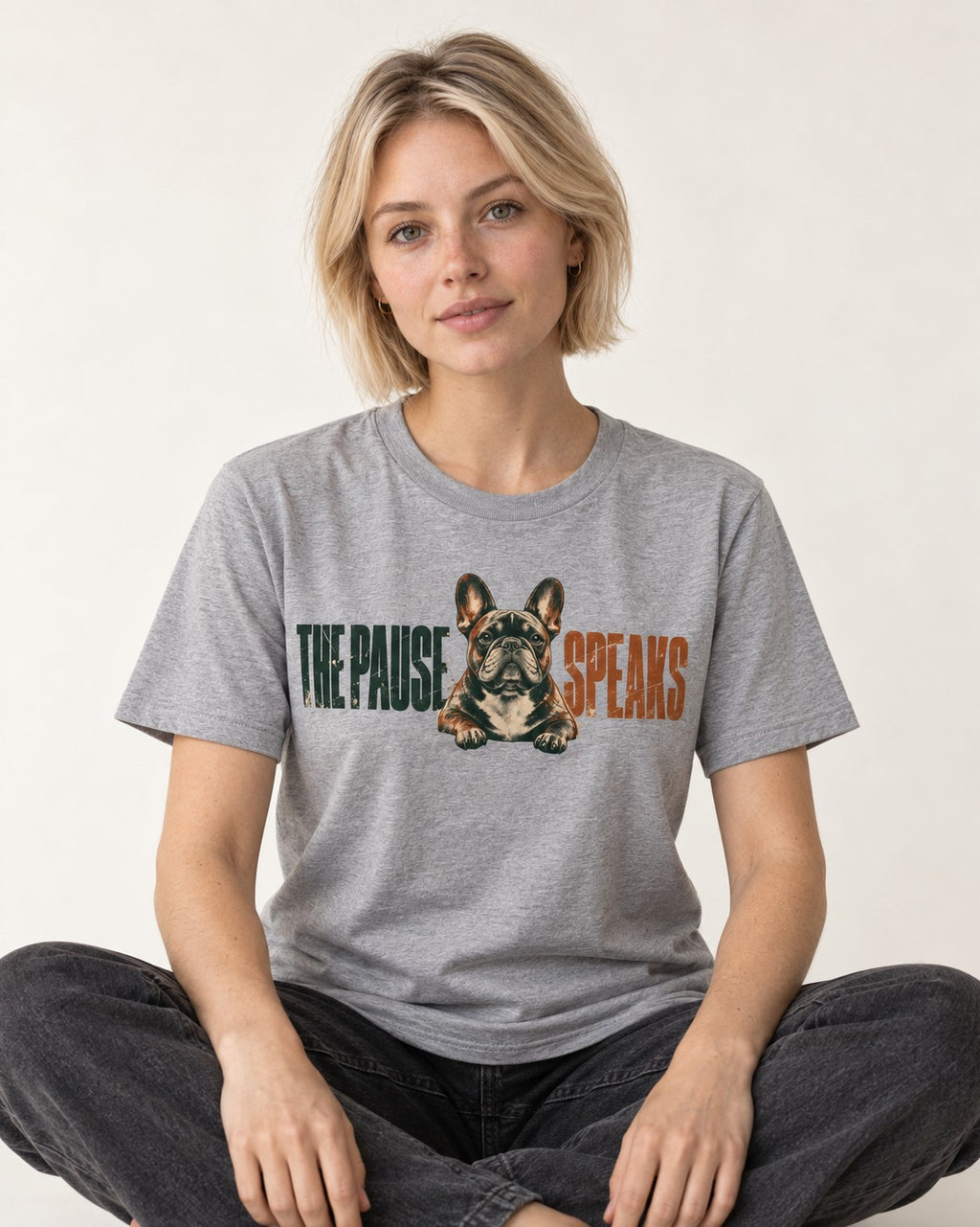 The Frenchie Pause Speaks T-Shirt in Sport Grey, worn by a seated model