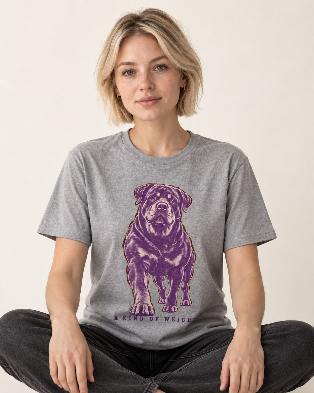 Rottweiler A Kind of Weight T-Shirt in Sport Grey, worn by a seated model