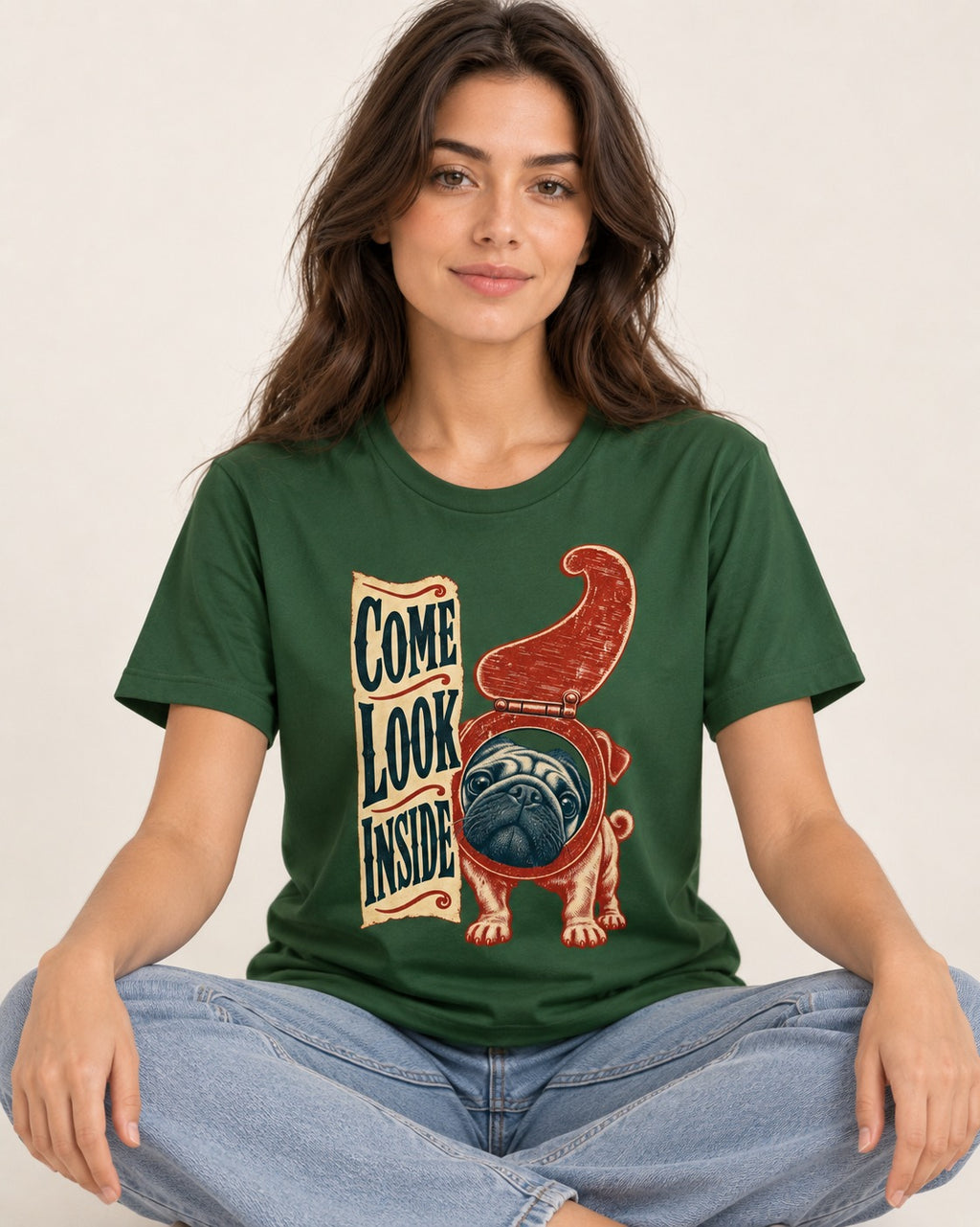 Pug Come Look Inside Toilet Seat Graphic T-Shirt in Forest Green, worn by a seated model