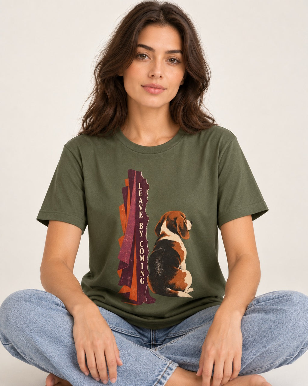 Leave By Coming Beagle Companion T-Shirt in Heather Military Green, worn by a seated model