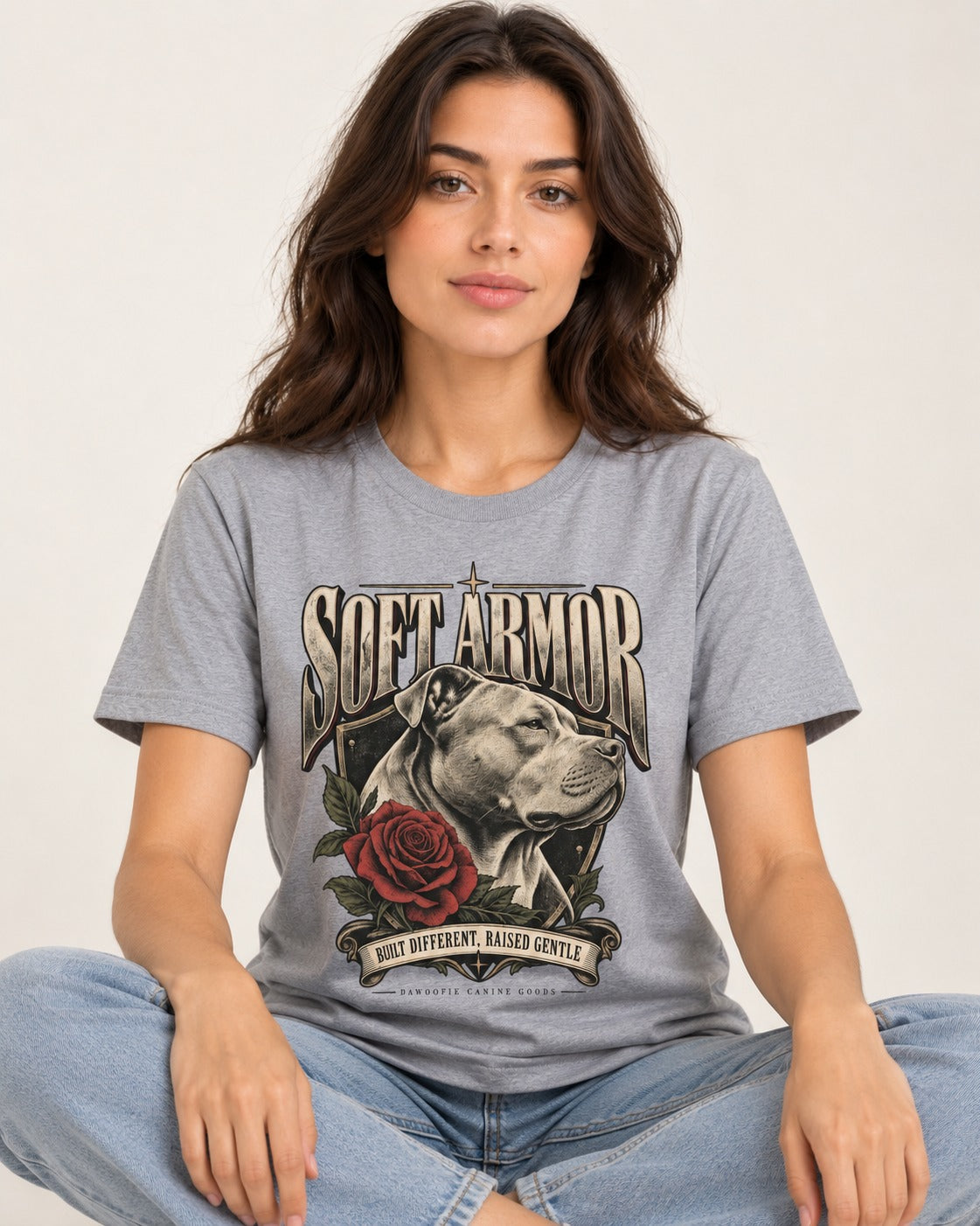Pitbull Soft Armor T-Shirt in Sport Grey, worn by a seated model