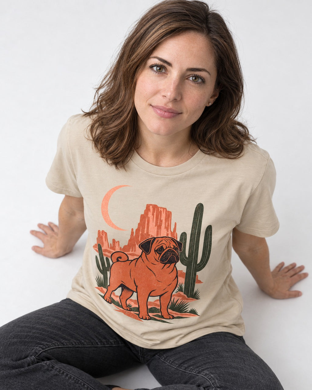 Pug Wild at Heart T-Shirt in Sand, worn by a seated model