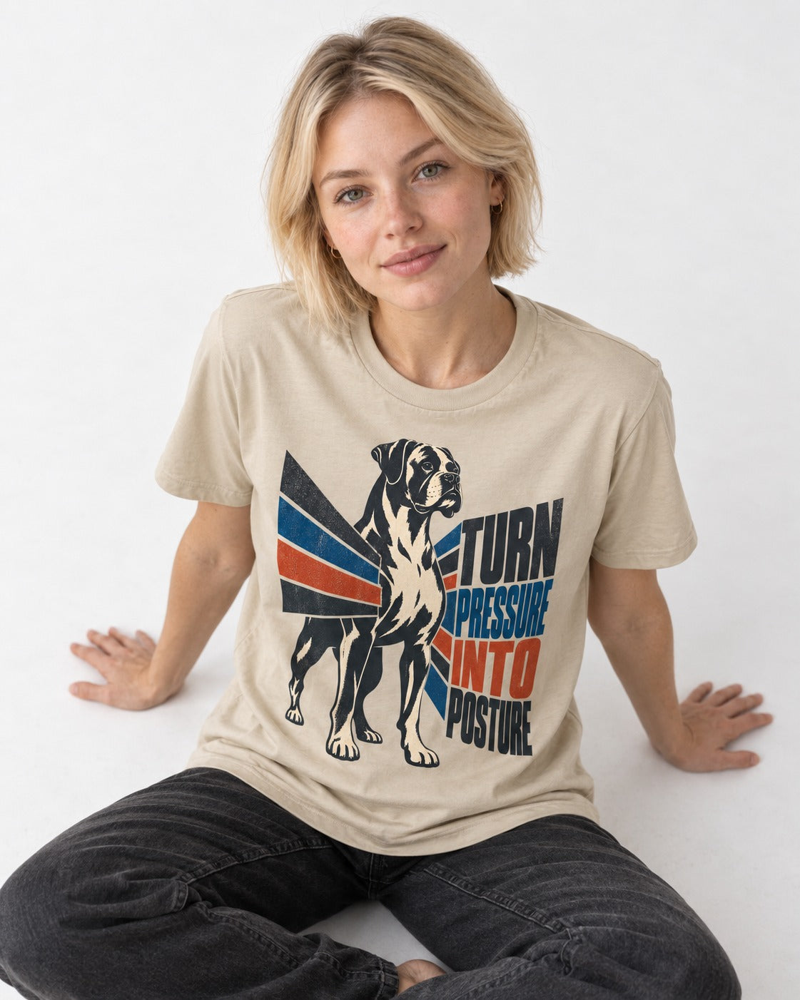 Boxer Turn Pressure Into Posture T-Shirt in Sand, worn by a seated model