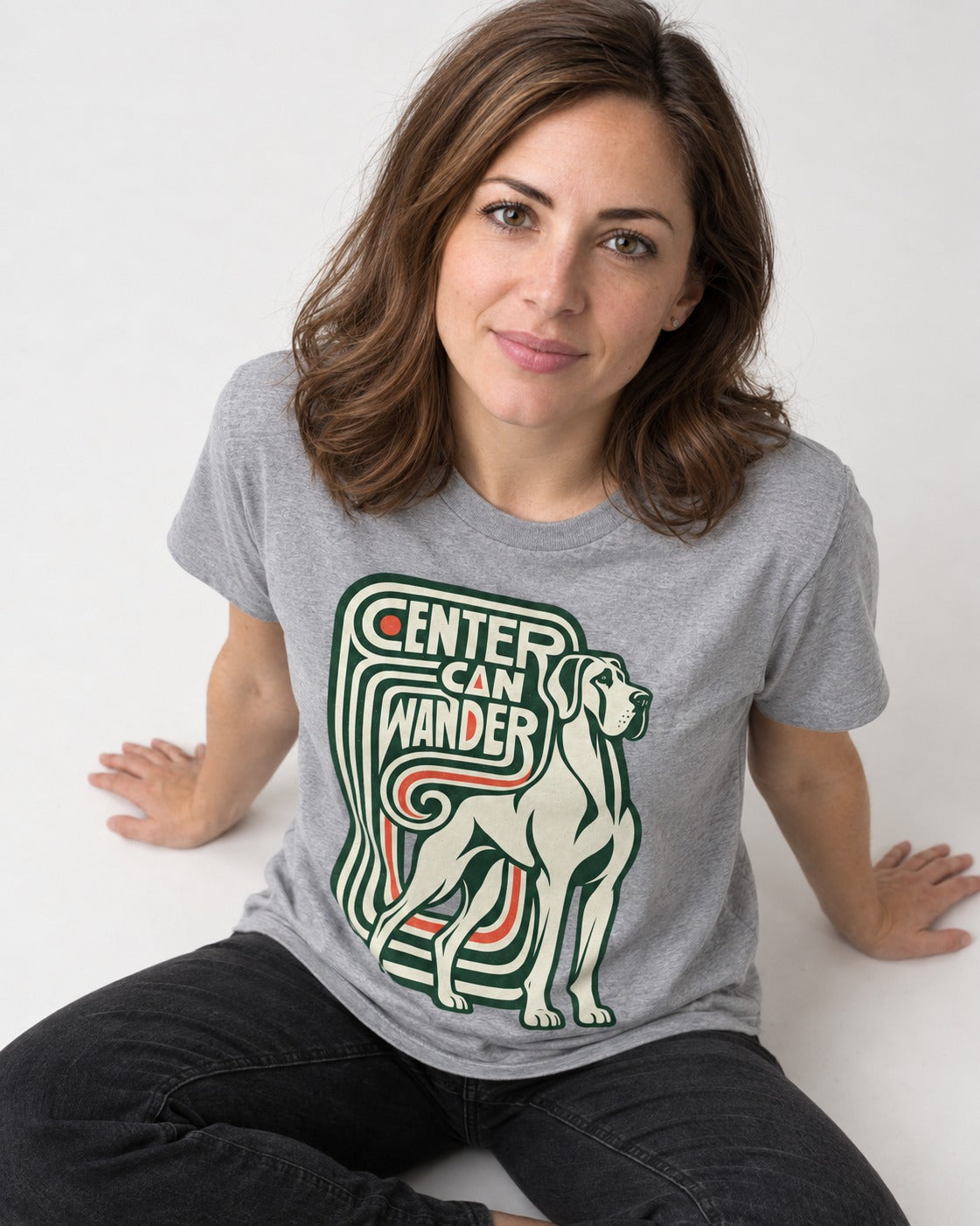 Great Dane Center Can Wander T-Shirt in Sport Grey, worn by a seated model
