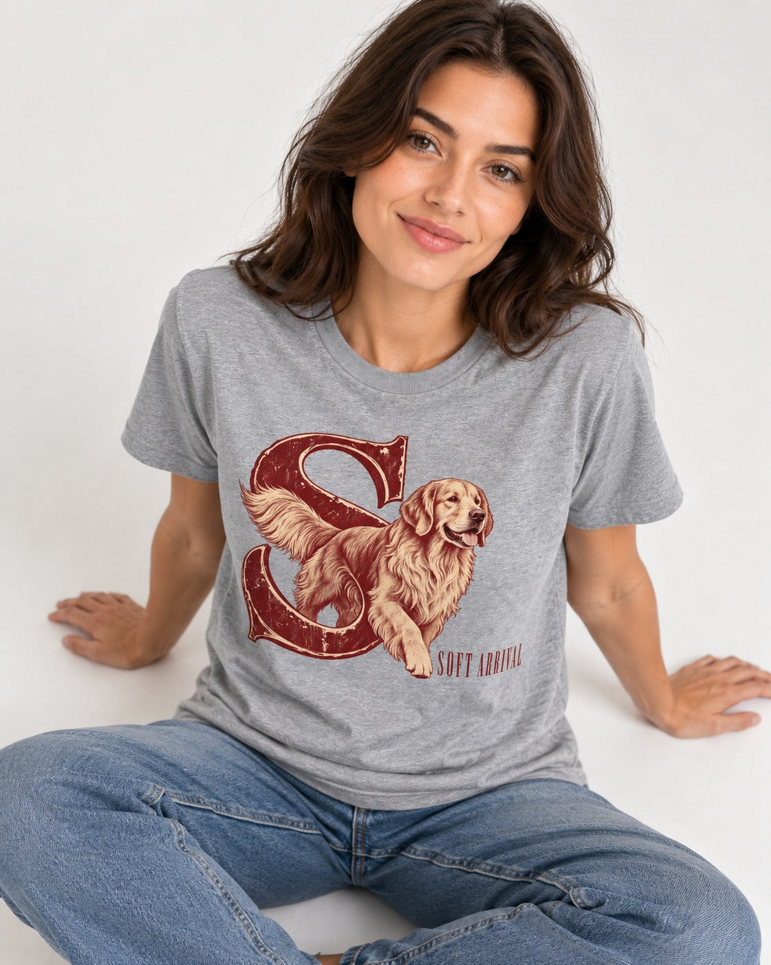 Soft Arrival Golden Retriever T-Shirt in Sport Grey, worn by a seated model