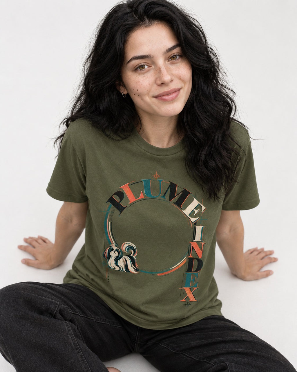 Shih Tzu Plume Index Circular Typography Graphic T-Shirt in Heather Military Green, worn by a seated model