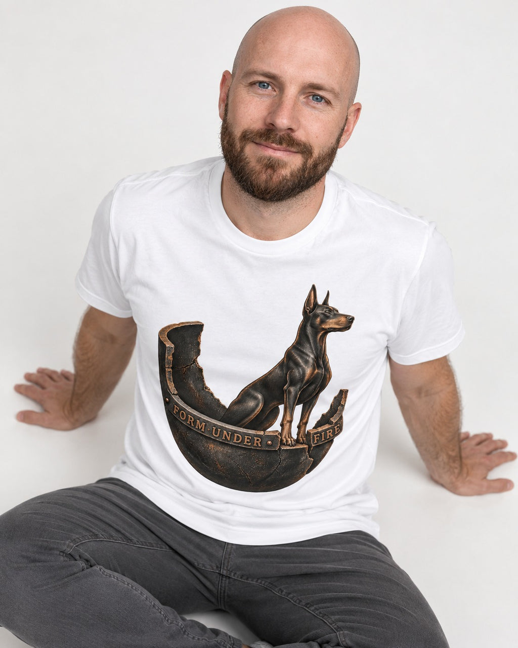 Doberman Form Under Fire Broken Shell Graphic T-Shirt in White, worn by a seated model